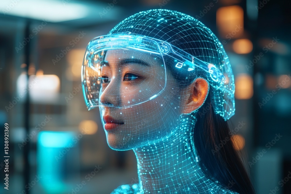 Poster exploring futuristic technology with a virtual reality headset in a modern urban environment at nigh