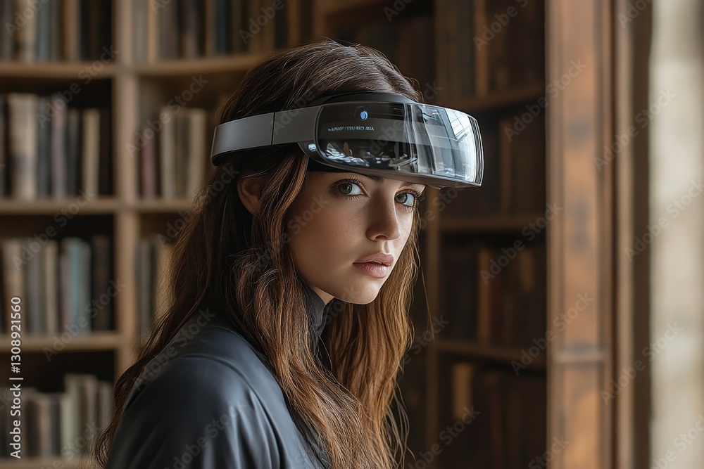 Poster young woman explores virtual reality technology in a library setting during daylight hours