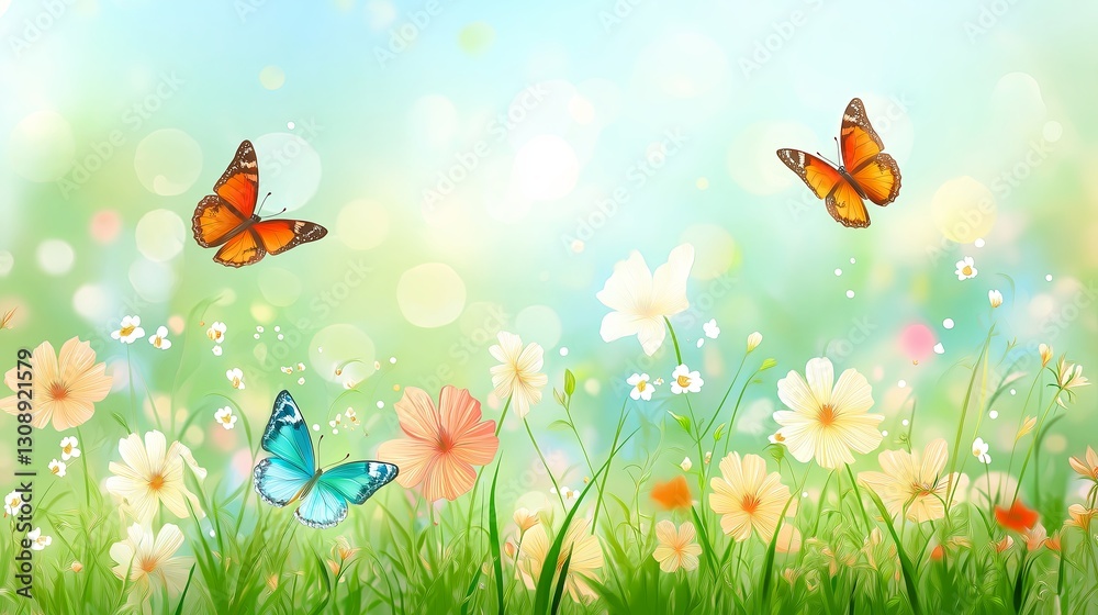 Poster spring meadow with wildflowers and butterflies in soft focus