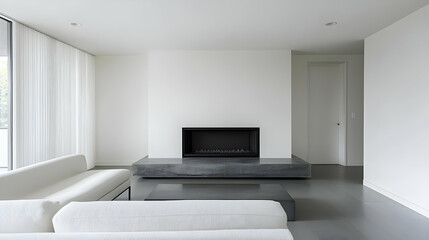 Fototapeta premium Modern Minimalist Living Room Interior with Fireplace Sofa and White Walls