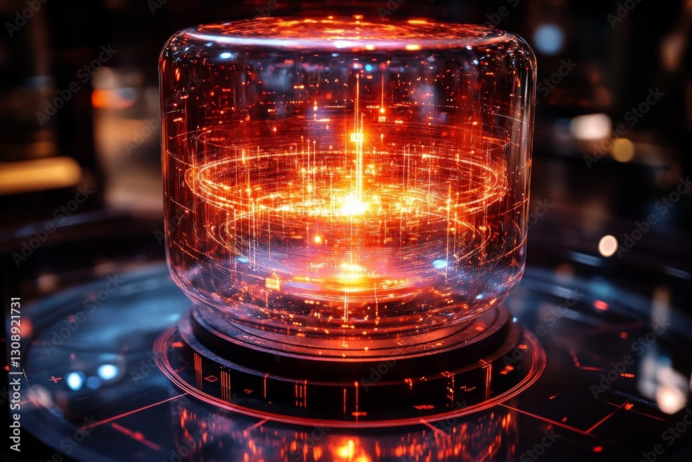 Poster cutting-edge technology display featuring a glowing interactive sphere with red and orange visuals