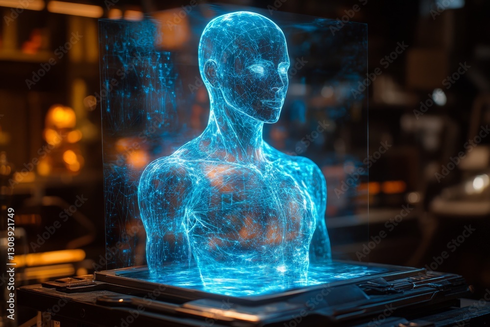 Aufkleber virtual human technology display showcasing a digital humanoid figure in a futuristic laboratory set