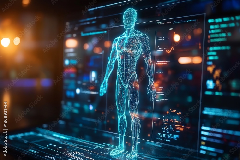Fototapete 3d holographic human anatomy model displayed on a digital interface in a futuristic lab setting