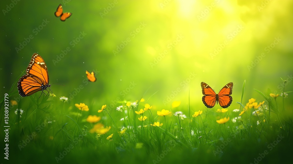 Poster spring meadow with wildflowers and butterflies in soft focus