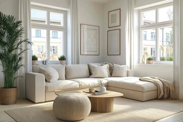 Modern beige living room with large windows, comfortable sectional sofa, and natural decor.