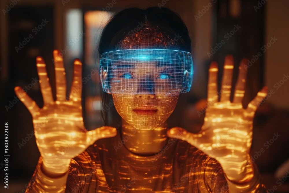 Aufkleber young person wearing futuristic visor with glowing patterns on hands and face in a cozy indoor setti