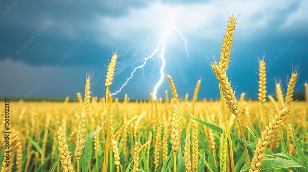 Poster thunderstorm over a wheat field, lightning illuminating the horizon