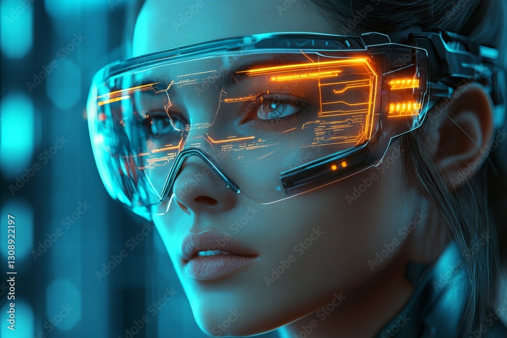 Poster futuristic woman wearing augmented reality glasses in a high-tech environment with glowing interface