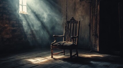 A wooden chair sits alone in a dimly lit room