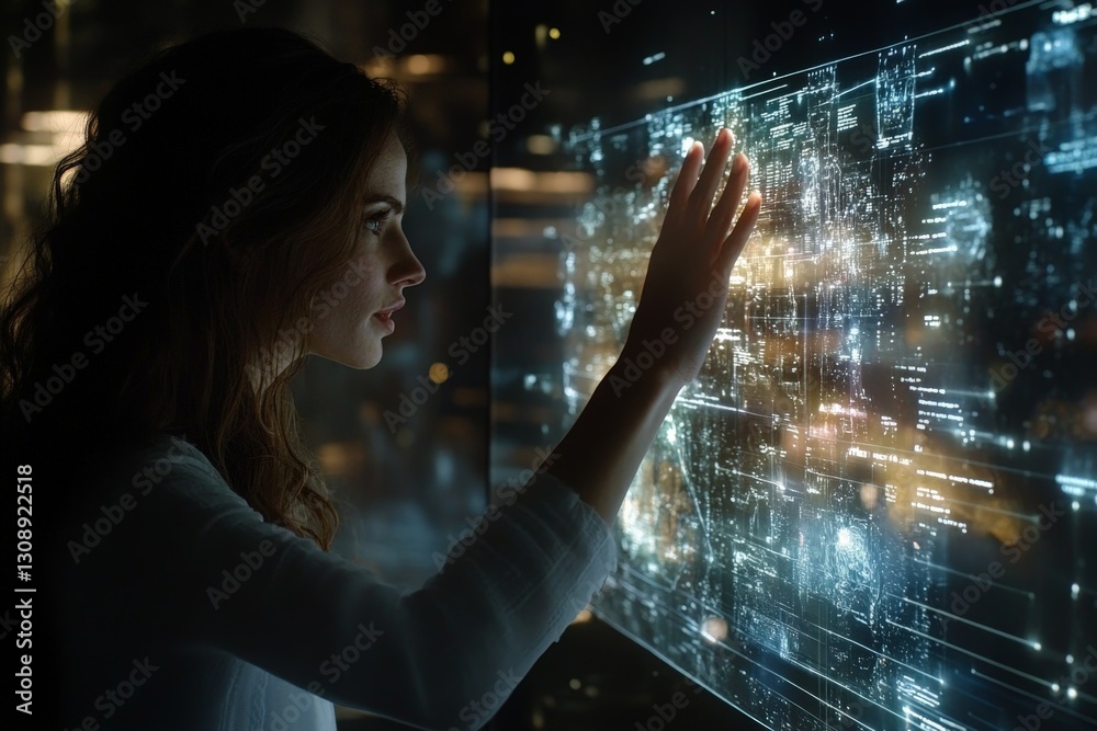 Aufkleber young woman interacting with digital interface in a modern setting during evening hours