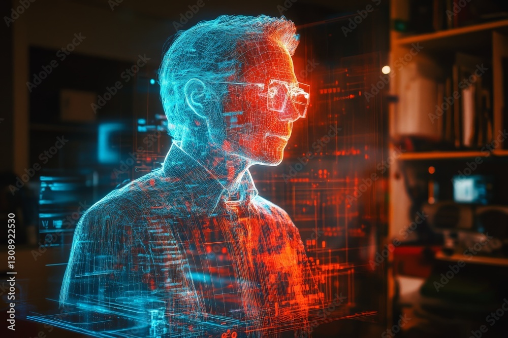 Poster Digital hologram of a man in a modern tech workspace highlighting futuristic display technology