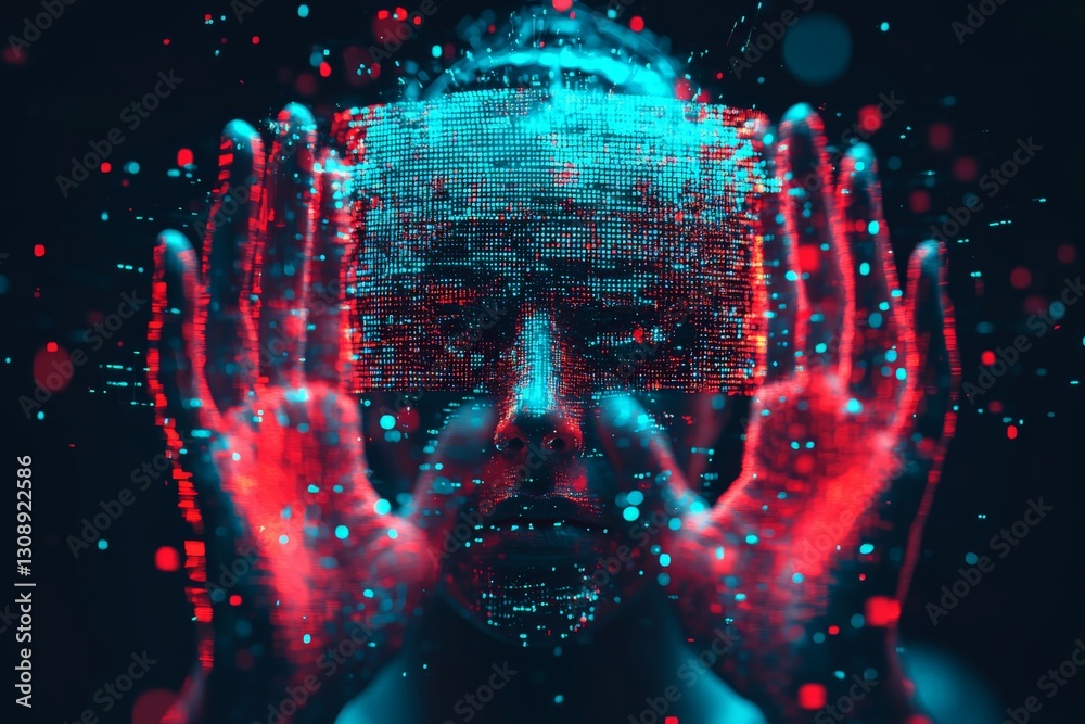 Aufkleber Digital illusion of a person with holographic visuals during an immersive experience in a dark space