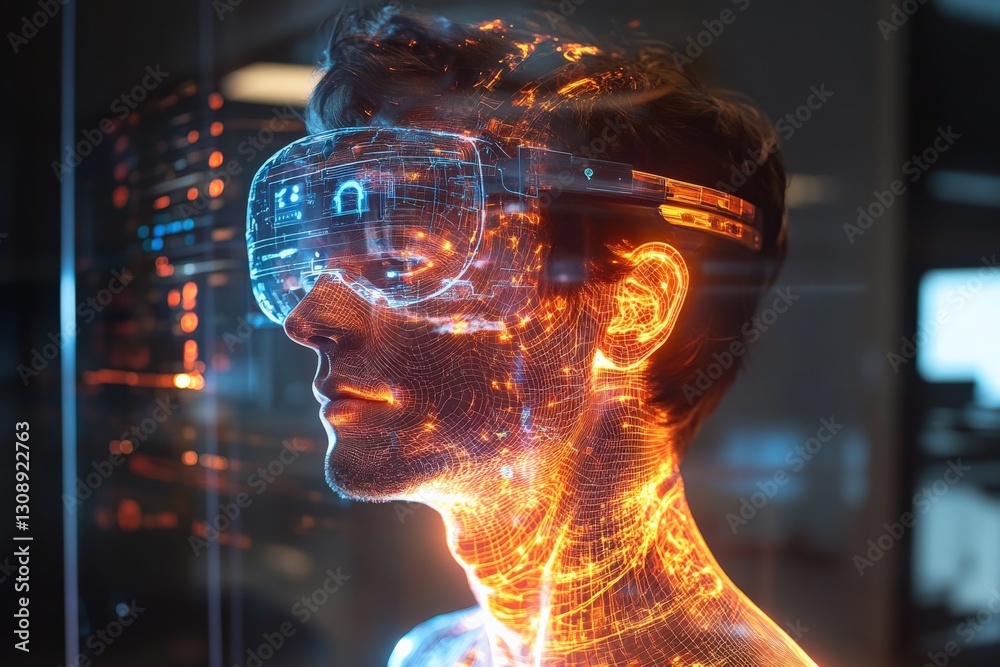 Aufkleber virtual reality engagement showcasing a person wearing advanced vr headset with digital overlays and