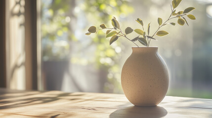 Handcrafted Ceramic Vase with Greenery on a Wooden Table