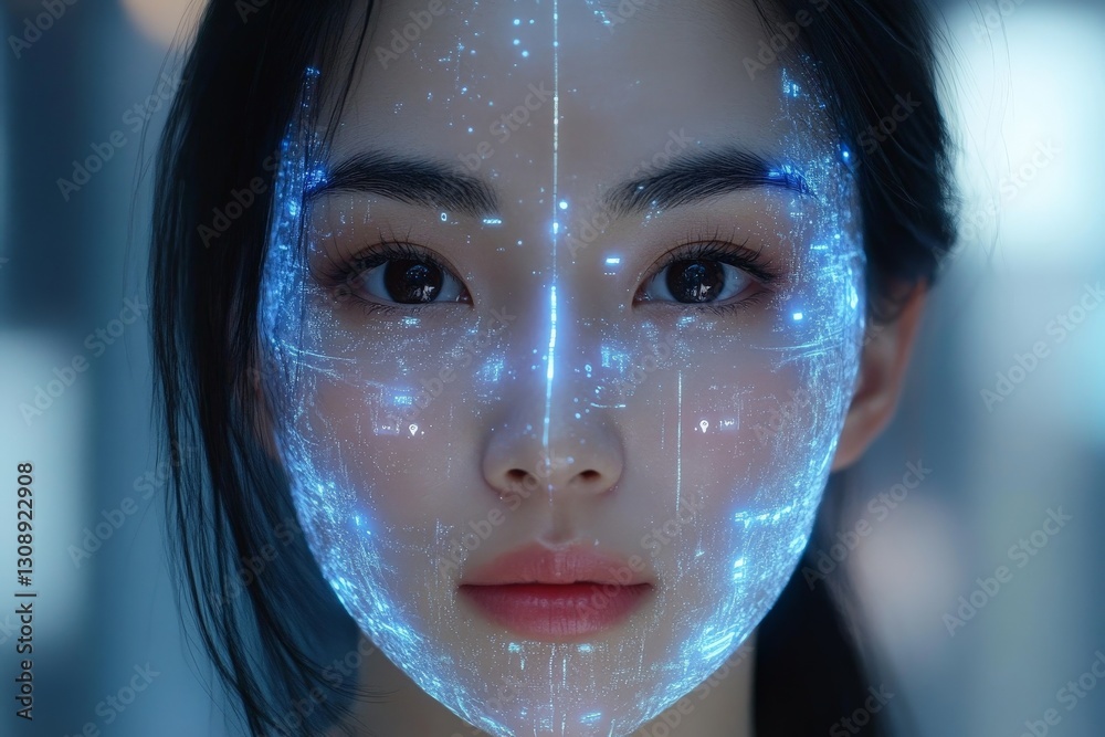 Aufkleber innovative digital art showcasing a woman's face illuminated with vibrant holographic patterns in a 