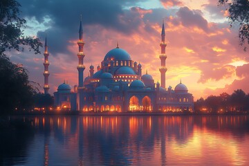 Fototapeta premium Grand Mosque Illuminated at Sunset Surrounded by Water and Lush Greenery