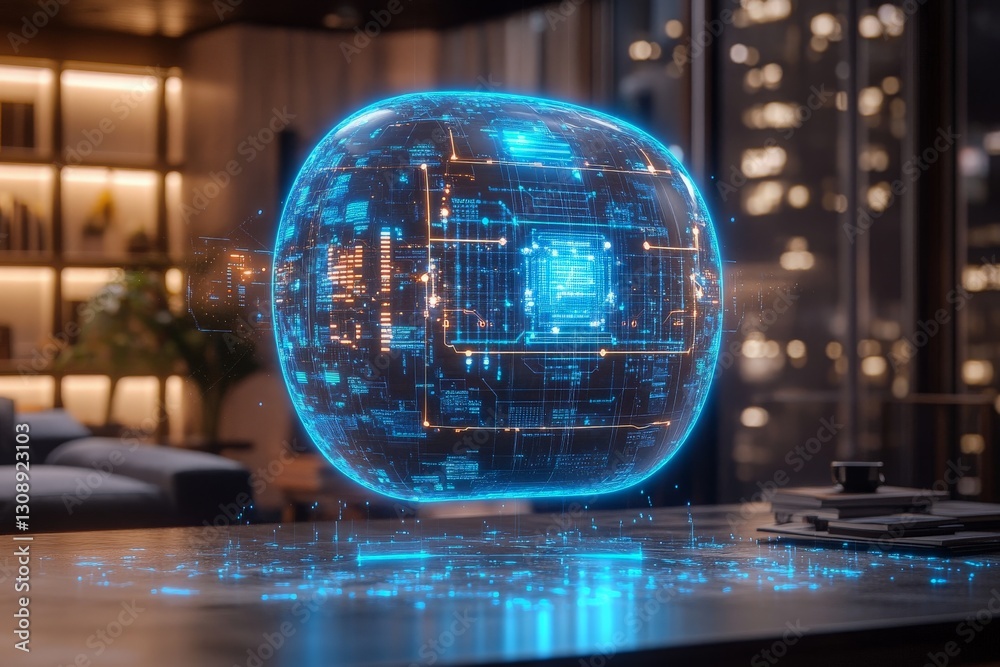 Poster modern technology display showcasing a holographic data sphere in a sleek office environment at nigh