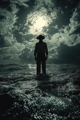 Obraz premium A person standing in the ocean wearing a hat, great for use as a background or illustration for beach-themed projects