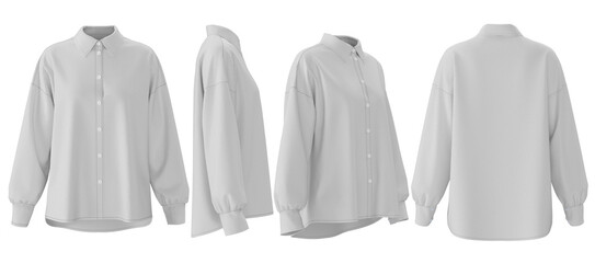 Women's White Oversized Long-Sleeve Shirt Mockup - Front, Side, Back View 3D Render