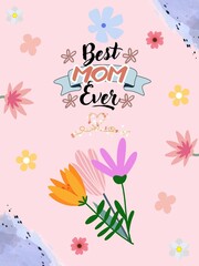 Cute Best Mom Ever Postcard Vector. Women's Day Greeting Card Icon. Mother's Day Illustration for Social Media Instagram. Vertical Vector