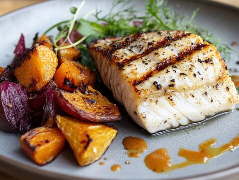 A vibrant plate of grilled fatty fish, root vegetables, and a side of fresh greens, showcasing the balance of clean eating and Scandinavian cuisine