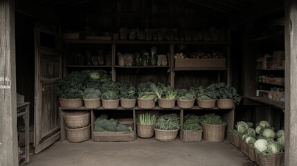 Fototapeta premium A small market with baskets of vegetables and greens
