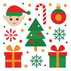 Naklejka premium Christmas icons, festive clipart, cartoon elf, Christmas tree, Christmas elements set
