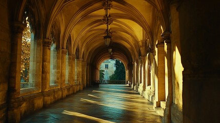 Fototapeta premium Golden sunlight path through ancient arched cloister