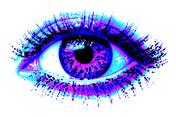 Female eye with halftone pop art effect. An AI image was used as the basis.