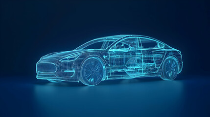Naklejka premium Blue Illuminated Digital Car Representation on Dark Blue Background for Transportation and Technology Concepts