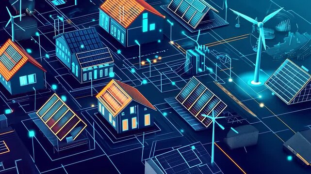 Smart homes with solar panels and wind turbines connected by a digital network. - Powered by Adobe