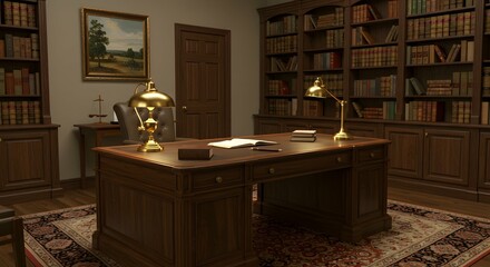 A spacious and elegant legal office featuring a large wooden desk, a leather-bound bookshelf, and a formal atmosphere, perfect for depicting professional and traditional work environments