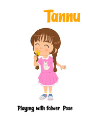 Girl Smelling Flowers Vector Cartoon Character | Little kid playing with yello flower