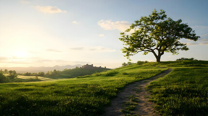 Fototapeta premium Scenic View of Lush Green Landscape with Tree and Path Leading Towards Horizon