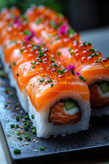Exquisite salmon sushi rolls adorned with roe and edible flowers on dark tray