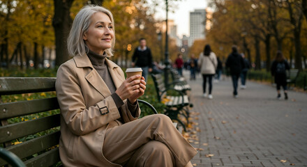 Fototapeta premium Fashionable Senior Woman with Coffee on park Bench