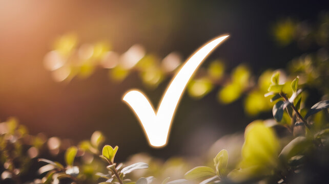 Glowing white checkmark rising among green plants in warm golden sunlight with soft bokeh creating a symbolic concept of approval success completion positive choice verification and achievement
