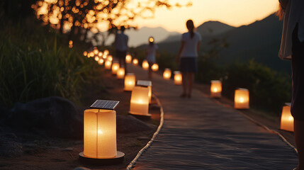 Installing Solar-Powered Lanterns Along a Winding Path at Dusk