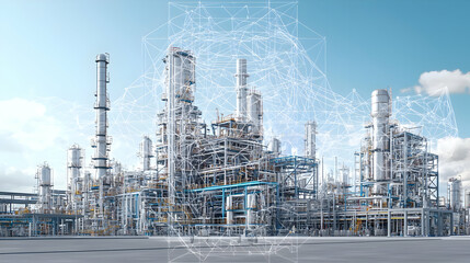 Naklejka premium Modern Industrial Complex Under Blue Sky With Digital Network Overlay