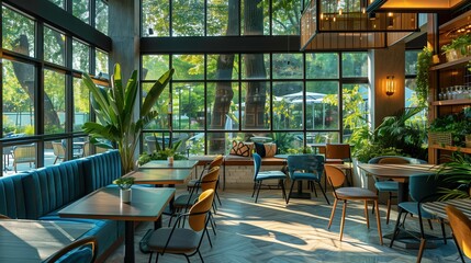 Cozy modern cafe with large windows and natural light, inviting greenery creating a relaxing atmosphere. Interior virtual background concept.