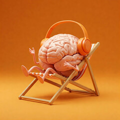 Brain in a deck chair listening to music on headphones