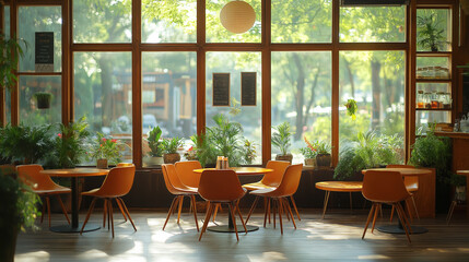 Modern cozy cafe with large windows for natural light and plants offering a relaxing atmosphere. Interior virtual background concept.