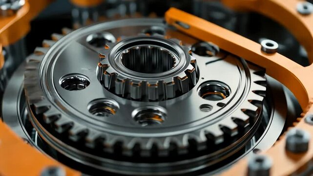 Close-up of intricate metallic gears and cogs interlocked in complex machinery.