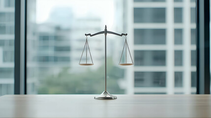 Metallic Balance Scale on Wooden Table in Modern Office Setting