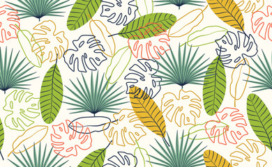 Fototapeta premium Tropical abstract seamless pattern with tropical leaves, monstera, palm tree, plants. Modern exotic jungle blooming background. Hand drawn botanical hawaiian flower collage. Contemporary boho print. 