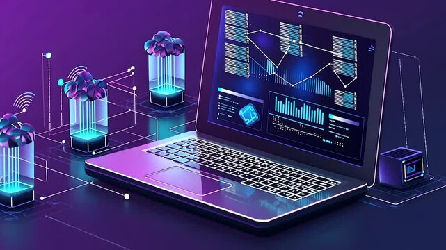 Laptop with data visualization and cloud computing.