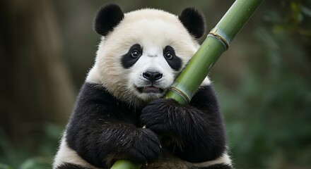 Fototapeta premium A fluffy baby panda hugging a giant bamboo stalk, looking adorable.