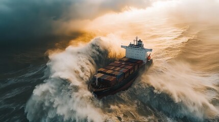 Cargo ship navigating stormy ocean waves; dramatic sunset