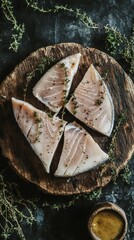 Seasoned fish steaks on wooden board with thyme