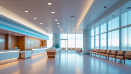 Fototapeta premium Blurred modern hospital reception area with waiting room chairs and large windows